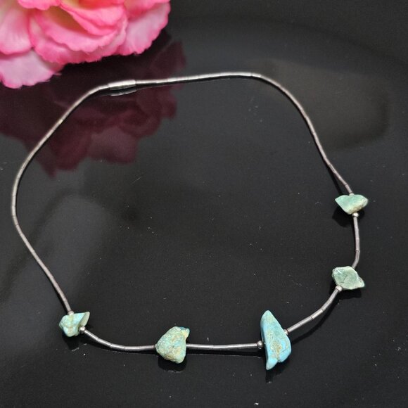 Southwestern Turquoise Nugget Liquid 925 Sterling Silver Necklace Choker 15" - Picture 6 of 11